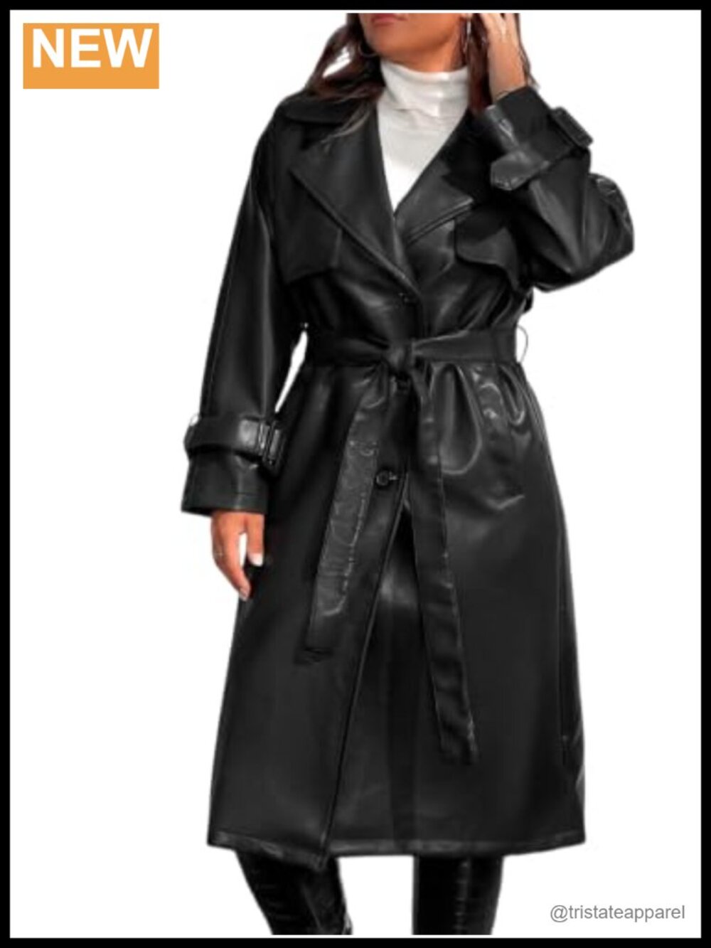 Plus Size Faux Leather Moto Long Trench Coat 1X-5X